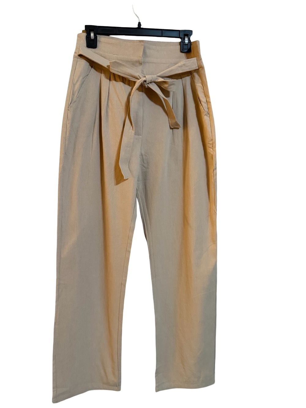 easel Beige w/ white pinstripes High-Waist Tie Belt Casual Pants Sz Medium